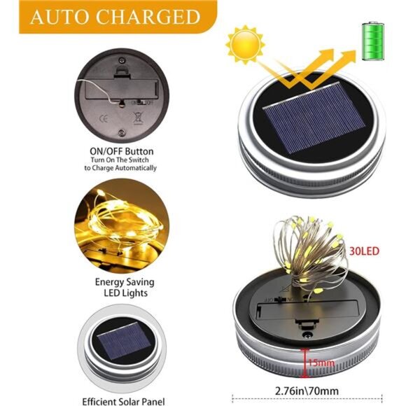 Mason Jar Solar Lights for Outside,12 Pack 30 LED Fairy Firefly Lights Mason Jar - Picture 4 of 7